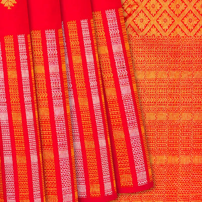 Red Handloom Kanchipuram Silk Saree With Floral Buttas-Red