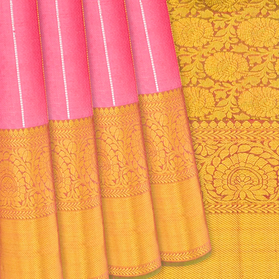 Peach Handloom Kanchipuram Silk Saree With Chevron Motifs-Peach