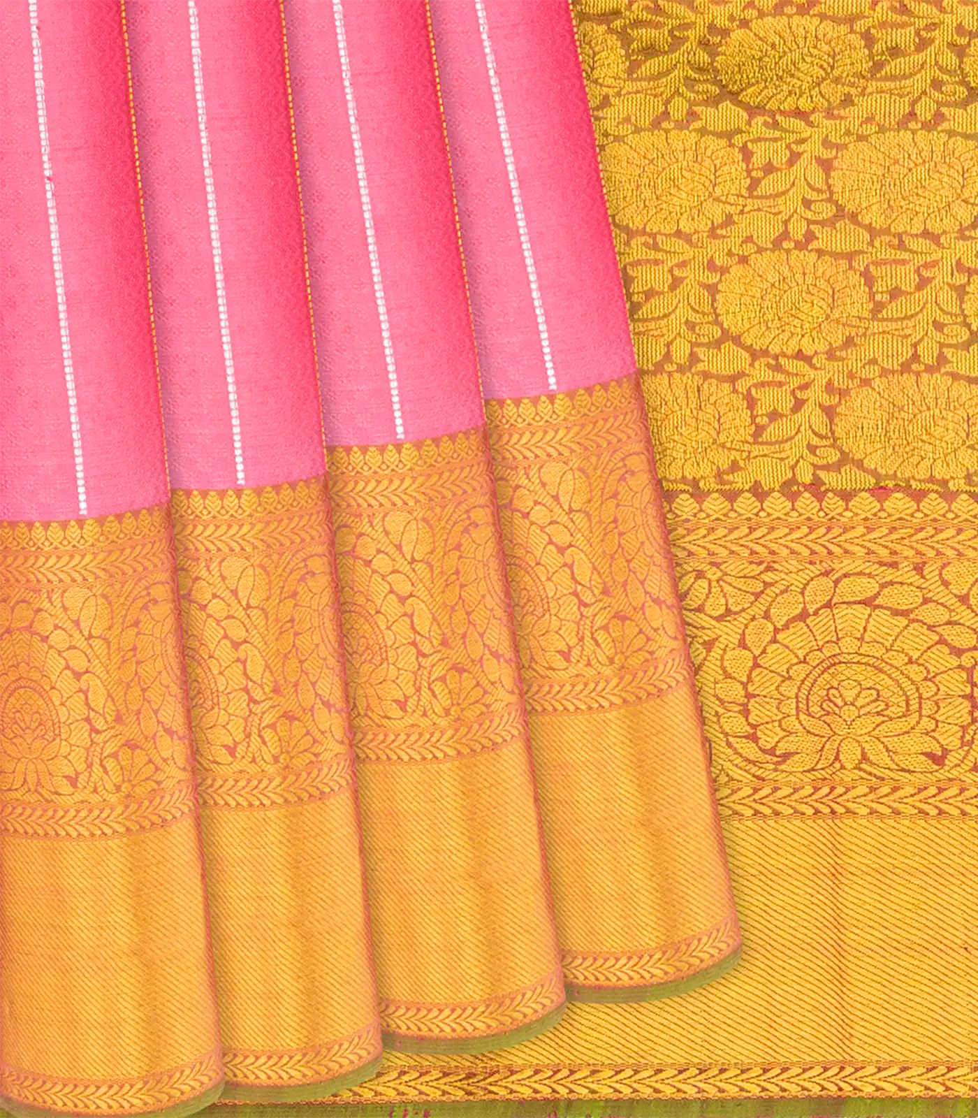 Peach Handloom Kanchipuram Silk Saree With Chevron Motifs-Peach