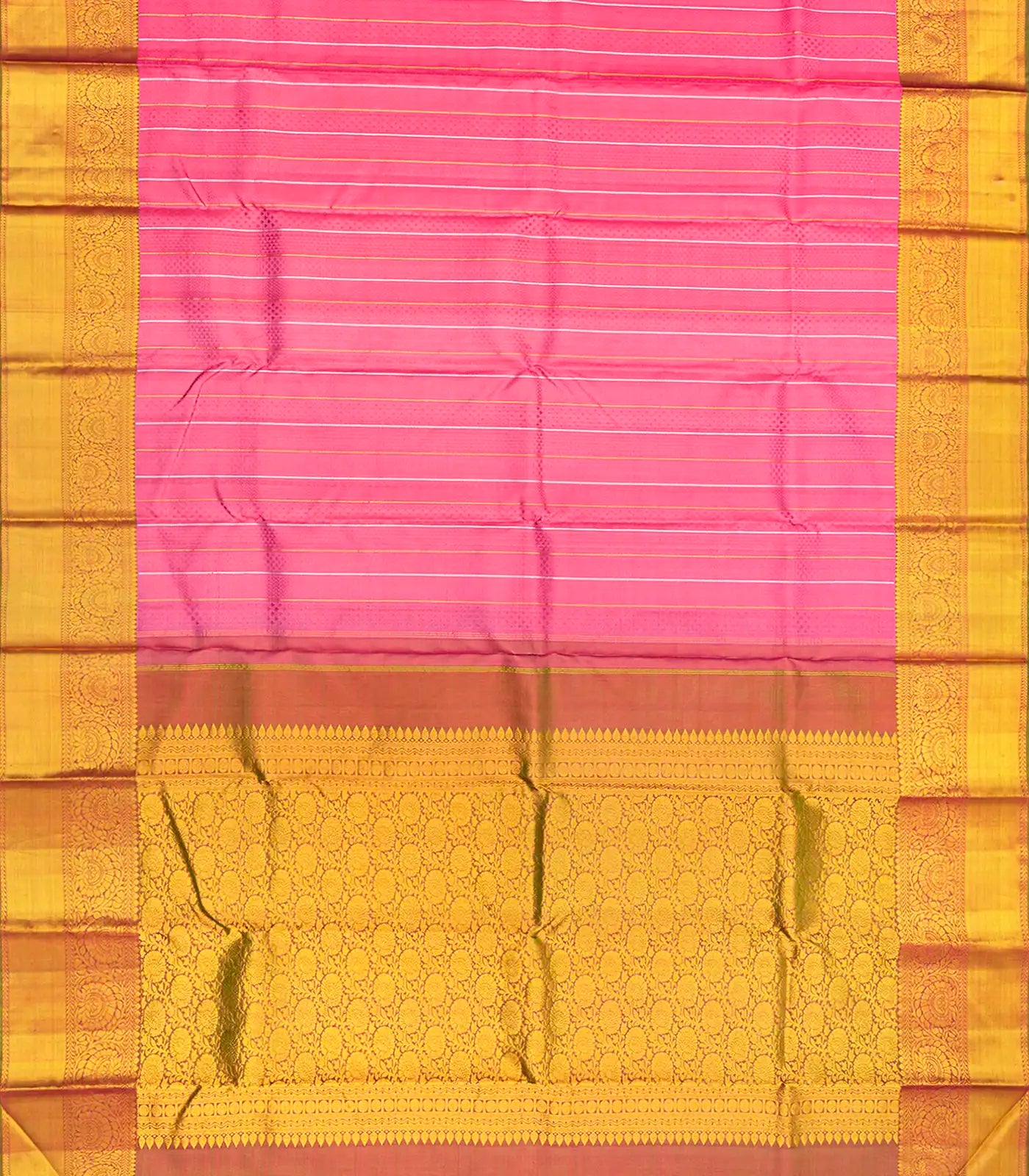 Peach Handloom Kanchipuram Silk Saree With Chevron Motifs-Peach