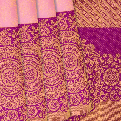 Baby Pink Handloom Kanchipuram Silk Saree With Leaf Motifs-Baby Pink