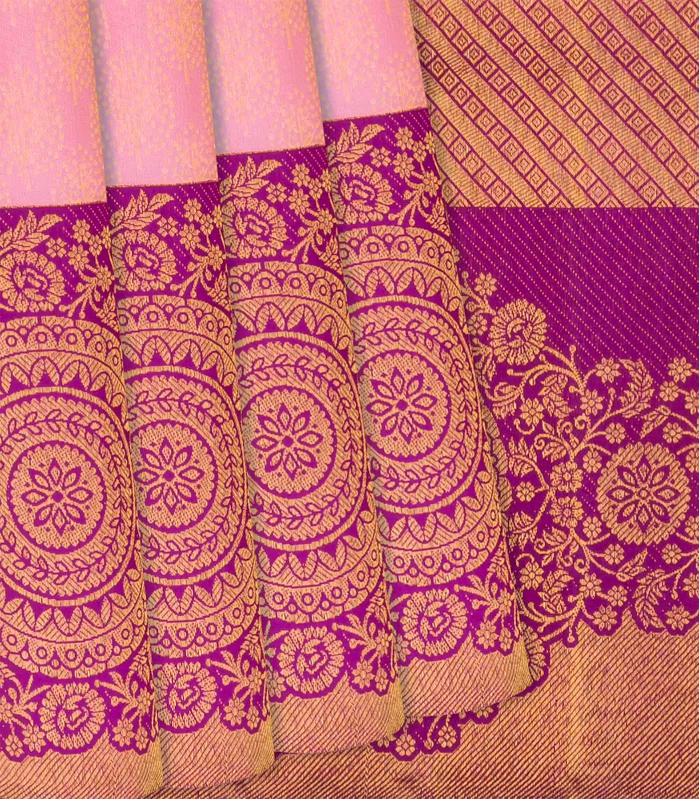 Baby Pink Handloom Kanchipuram Silk Saree With Leaf Motifs-Baby Pink