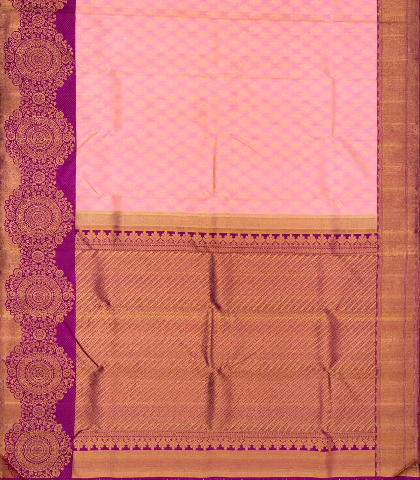 Baby Pink Handloom Kanchipuram Silk Saree With Leaf Motifs-Baby Pink