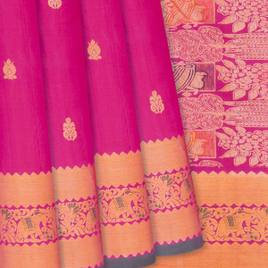 Hot Pink Handloom Kanchipuram Silk Saree With Floral Buttas-Hot Pink