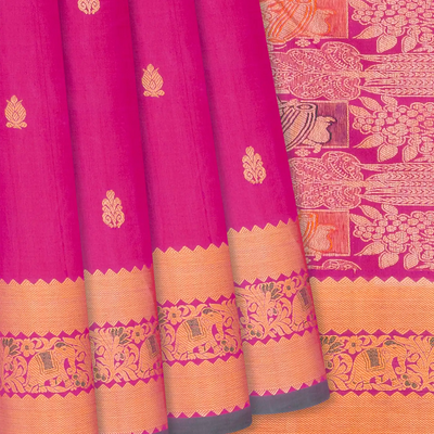 Hot Pink Handloom Kanchipuram Silk Saree With Floral Buttas-Hot Pink
