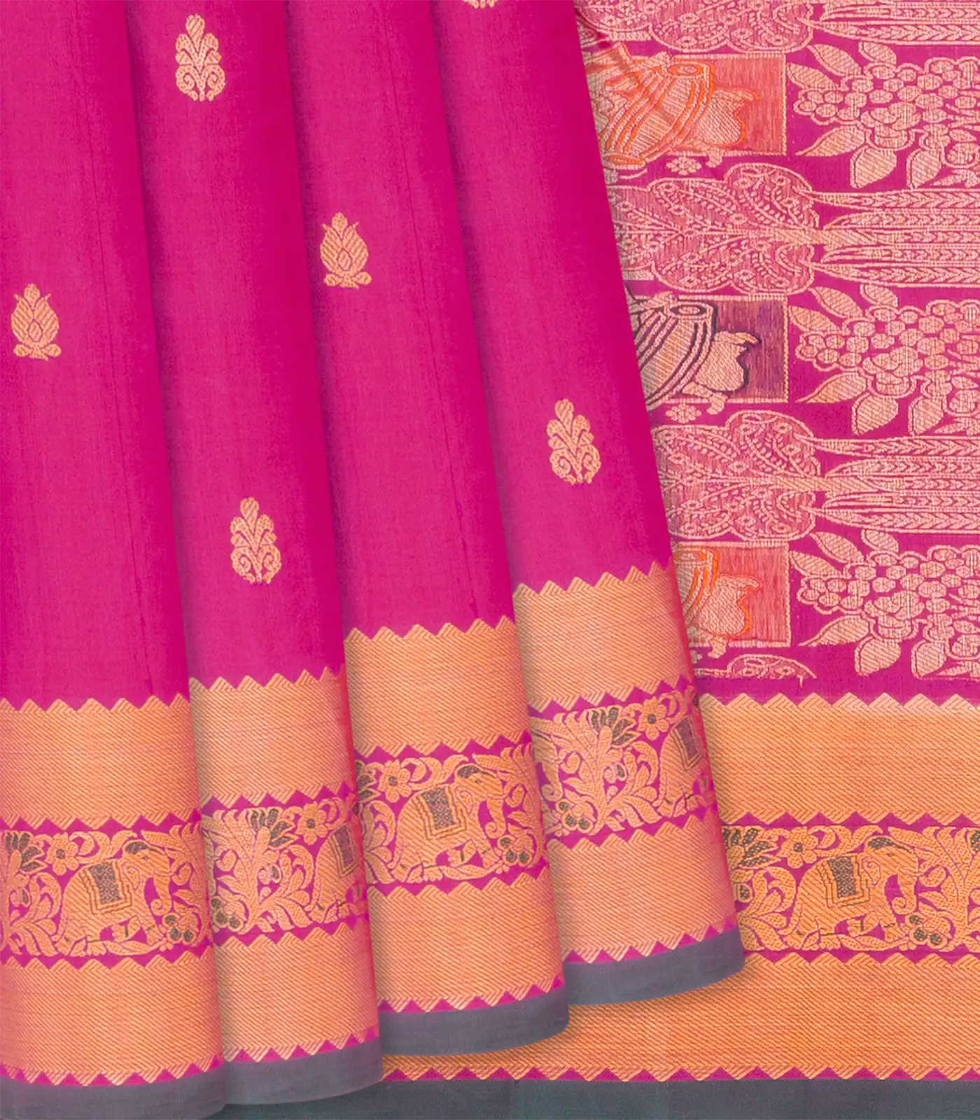 Hot Pink Handloom Kanchipuram Silk Saree With Floral Buttas-Hot Pink