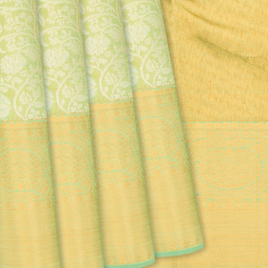 Pista Green Handloom Kanchipuram Silk Saree With Floral Vine Motifs-Pista Green