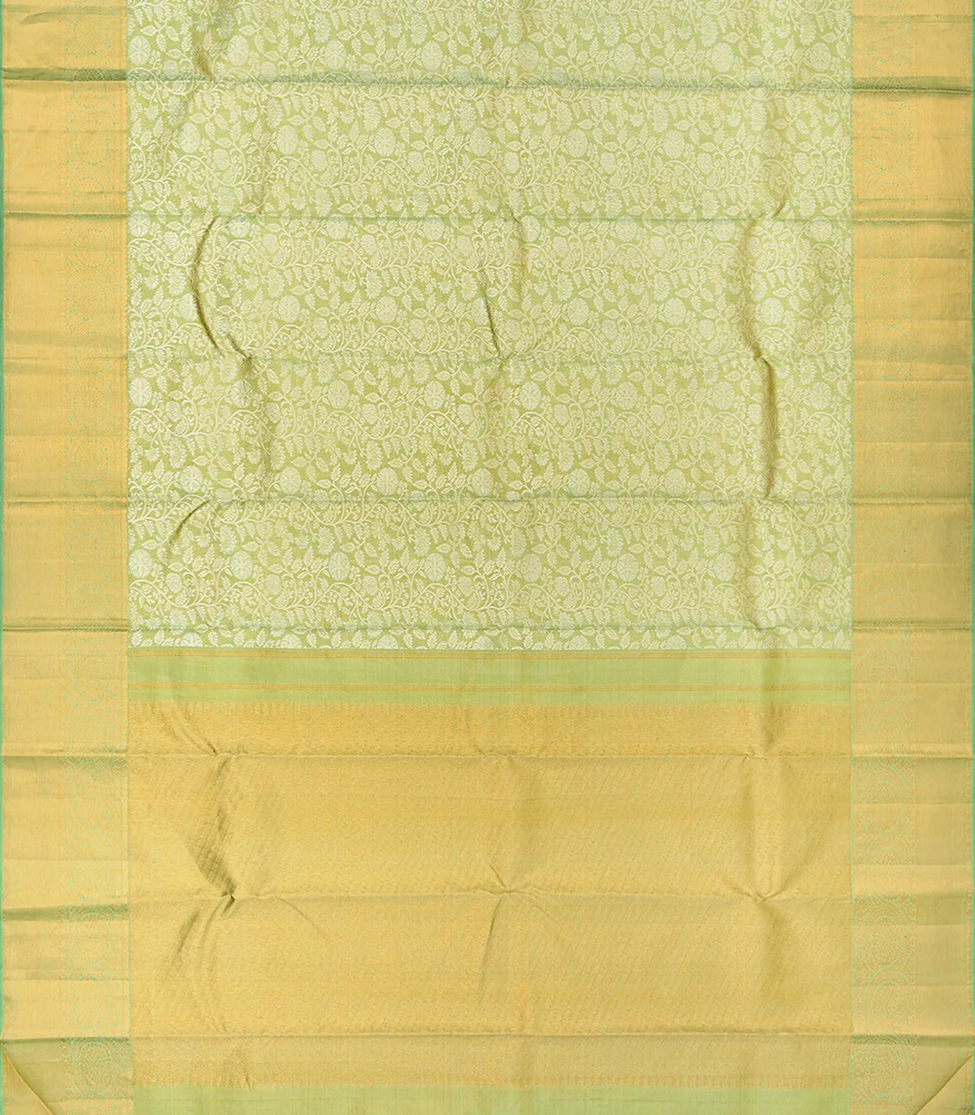 Pista Green Handloom Kanchipuram Silk Saree With Floral Vine Motifs-Pista Green