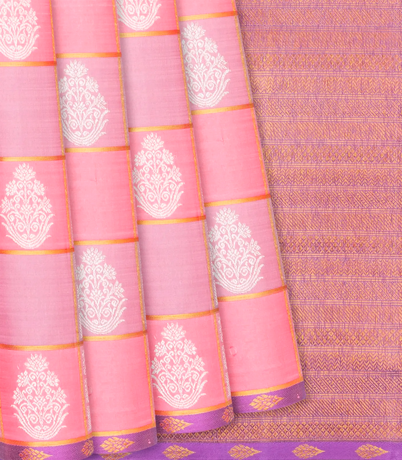 Light Peach Handloom Kanchipuram Silk Saree With Floral Buttas-Light Peach