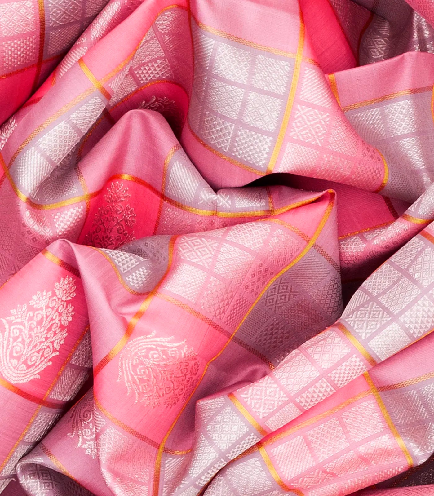 Light Peach Handloom Kanchipuram Silk Saree With Floral Buttas-Light Peach