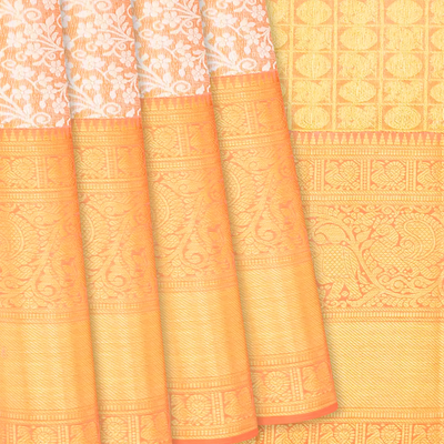 Peach Handloom Kanchipuram Tissue Silk Saree With Floral Motifs-Peach