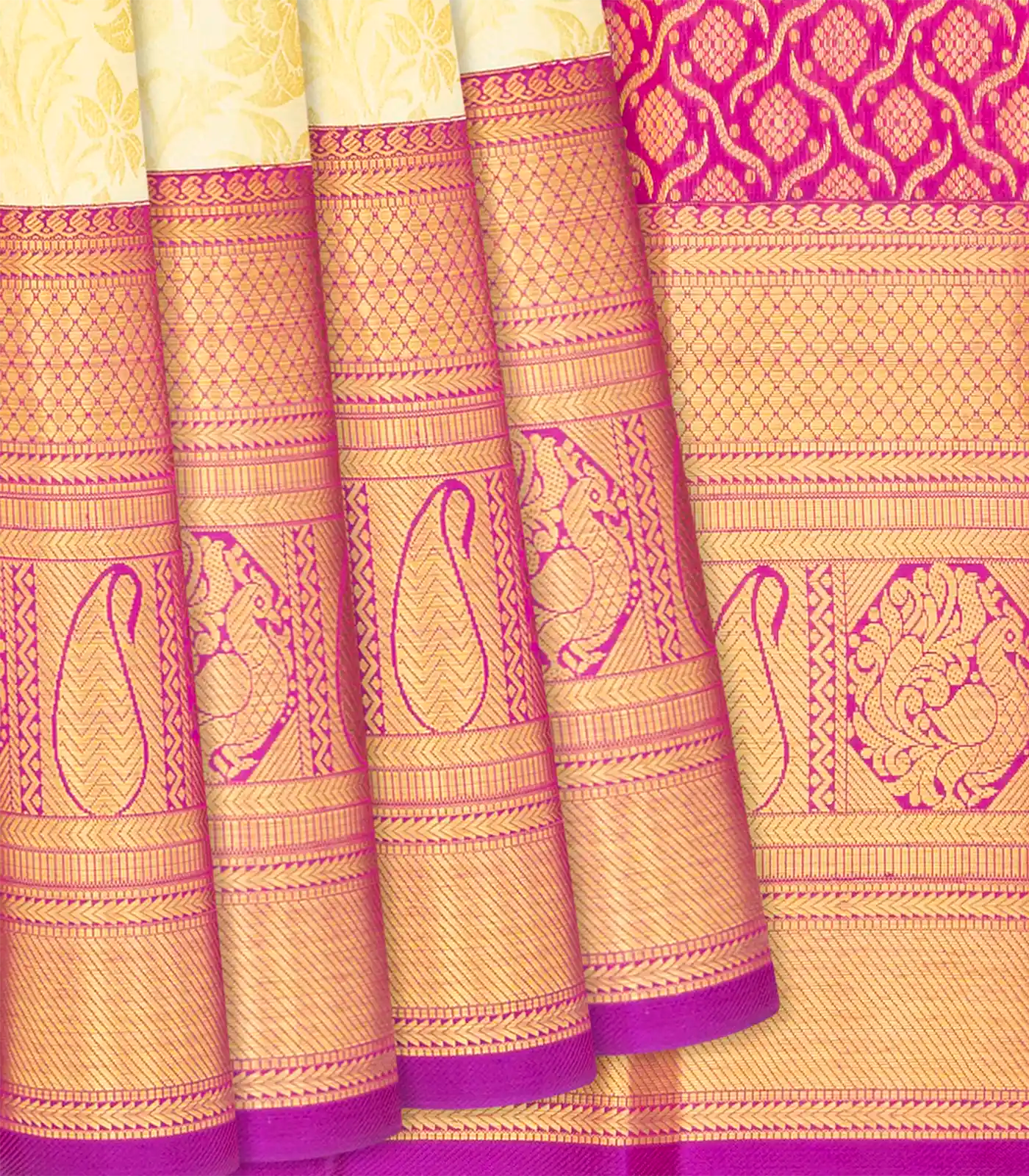 Cream Handloom Kanchipuram Silk Saree With Floral Motifs-Cream