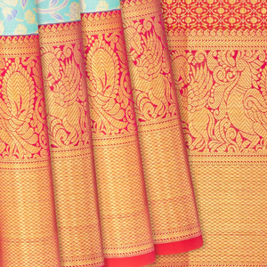 Turquoise Handloom Kanchipuram Silk Saree With Meena Floral Motifs-Turquoise