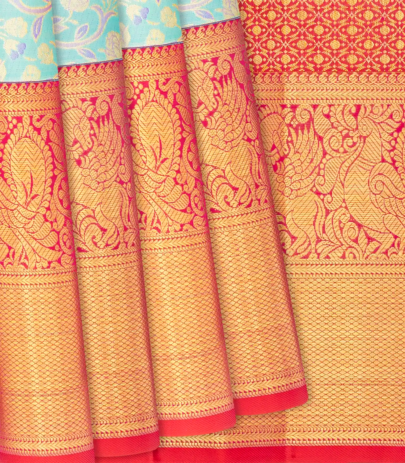 Turquoise Handloom Kanchipuram Silk Saree With Meena Floral Motifs-Turquoise