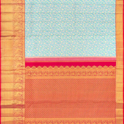 Turquoise Handloom Kanchipuram Silk Saree With Meena Floral Motifs-Turquoise
