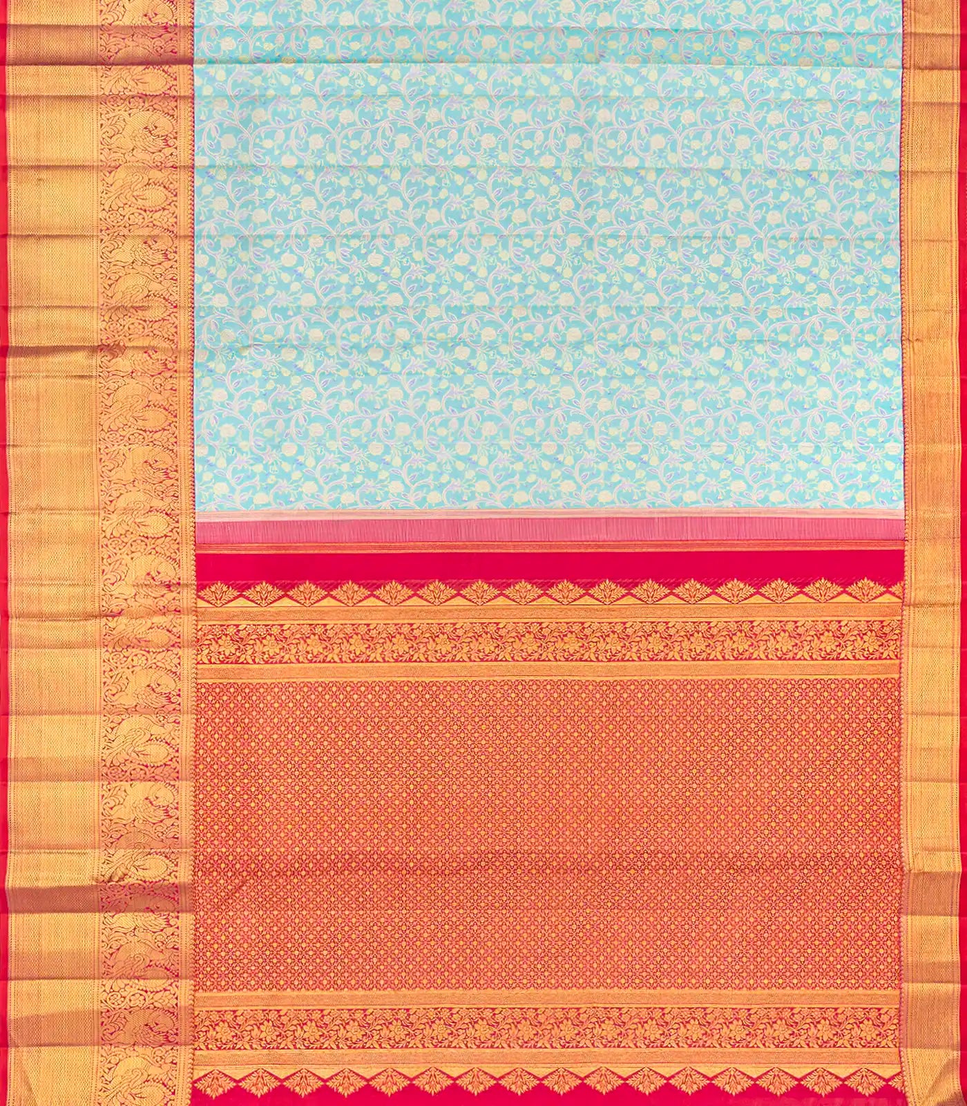 Turquoise Handloom Kanchipuram Silk Saree With Meena Floral Motifs-Turquoise