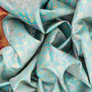 Turquoise Handloom Kanchipuram Silk Saree With Meena Floral Motifs-Turquoise
