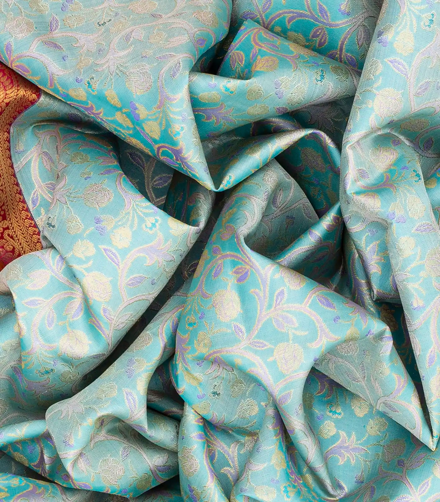 Turquoise Handloom Kanchipuram Silk Saree With Meena Floral Motifs-Turquoise