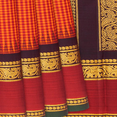 Orange Handloom Kanchipuram Korvai Silk Saree With Checks-Orange