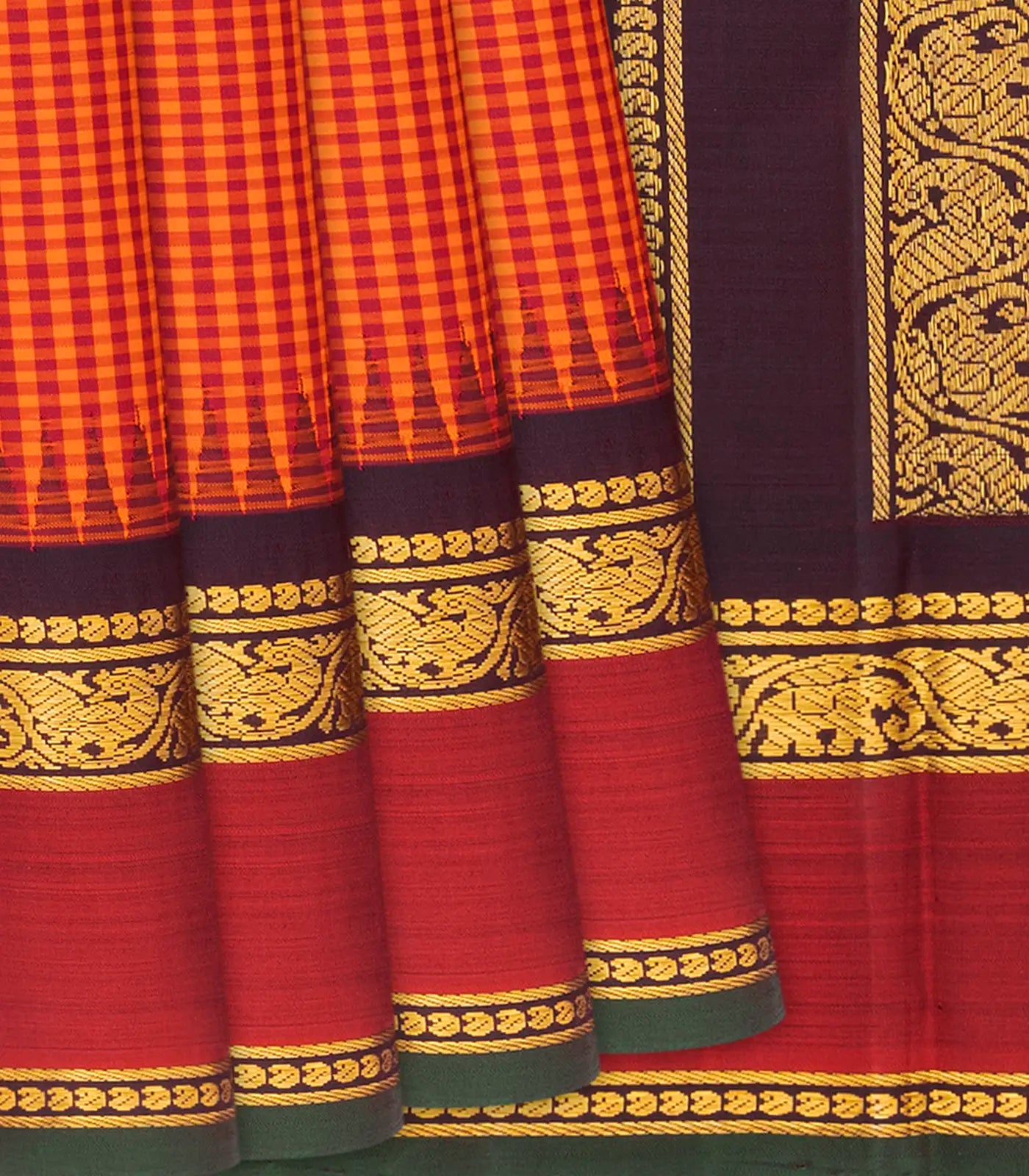 Orange Handloom Kanchipuram Korvai Silk Saree With Checks-Orange