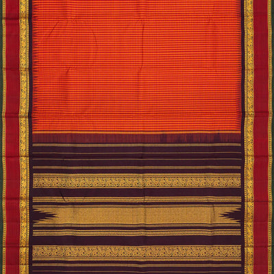 Orange Handloom Kanchipuram Korvai Silk Saree With Checks-Orange