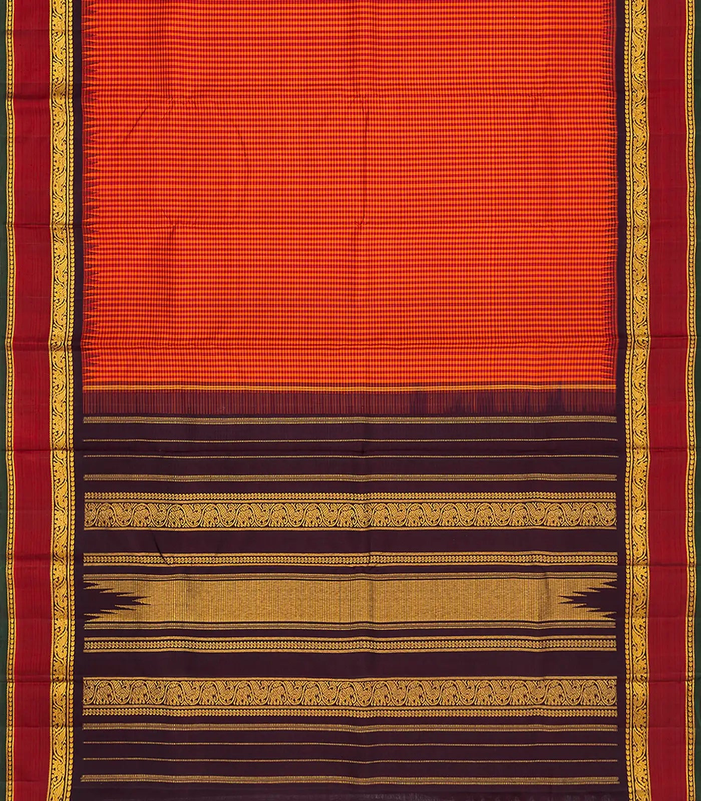 Orange Handloom Kanchipuram Korvai Silk Saree With Checks-Orange