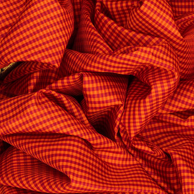 Orange Handloom Kanchipuram Korvai Silk Saree With Checks-Orange