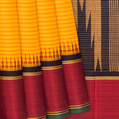 Yellow Handloom Kanchipuram Korvai Silk Saree With Checks-Yellow