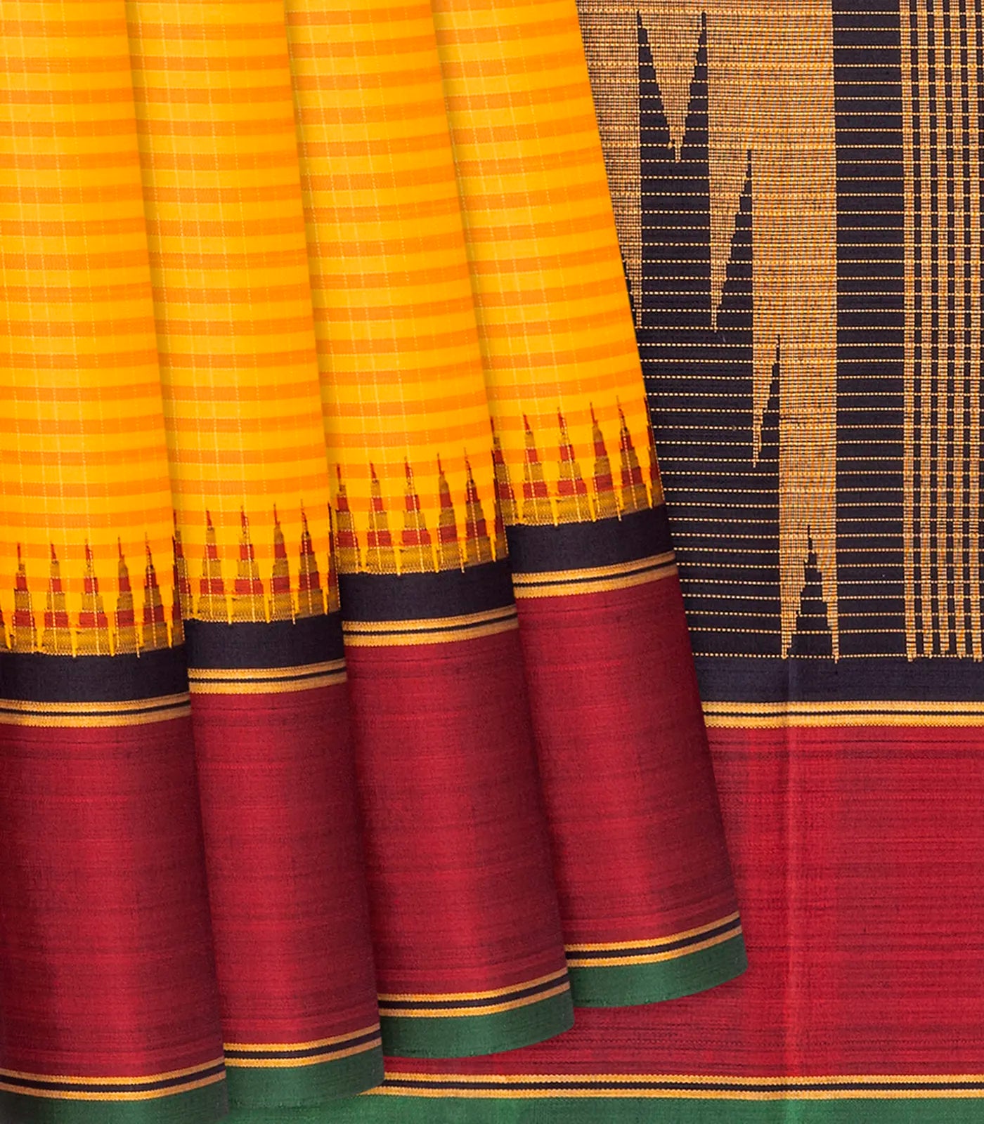 Yellow Handloom Kanchipuram Korvai Silk Saree With Checks-Yellow