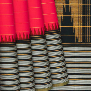 Red Handloom Kanchipuram Korvai Silk Saree With Stripes-Red