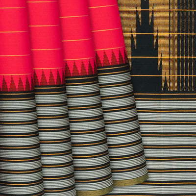 Red Handloom Kanchipuram Korvai Silk Saree With Stripes-Red