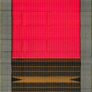 Red Handloom Kanchipuram Korvai Silk Saree With Stripes-Red