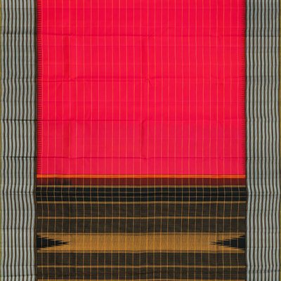 Red Handloom Kanchipuram Korvai Silk Saree With Stripes-Red