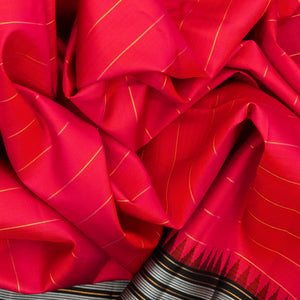 Red Handloom Kanchipuram Korvai Silk Saree With Stripes-Red