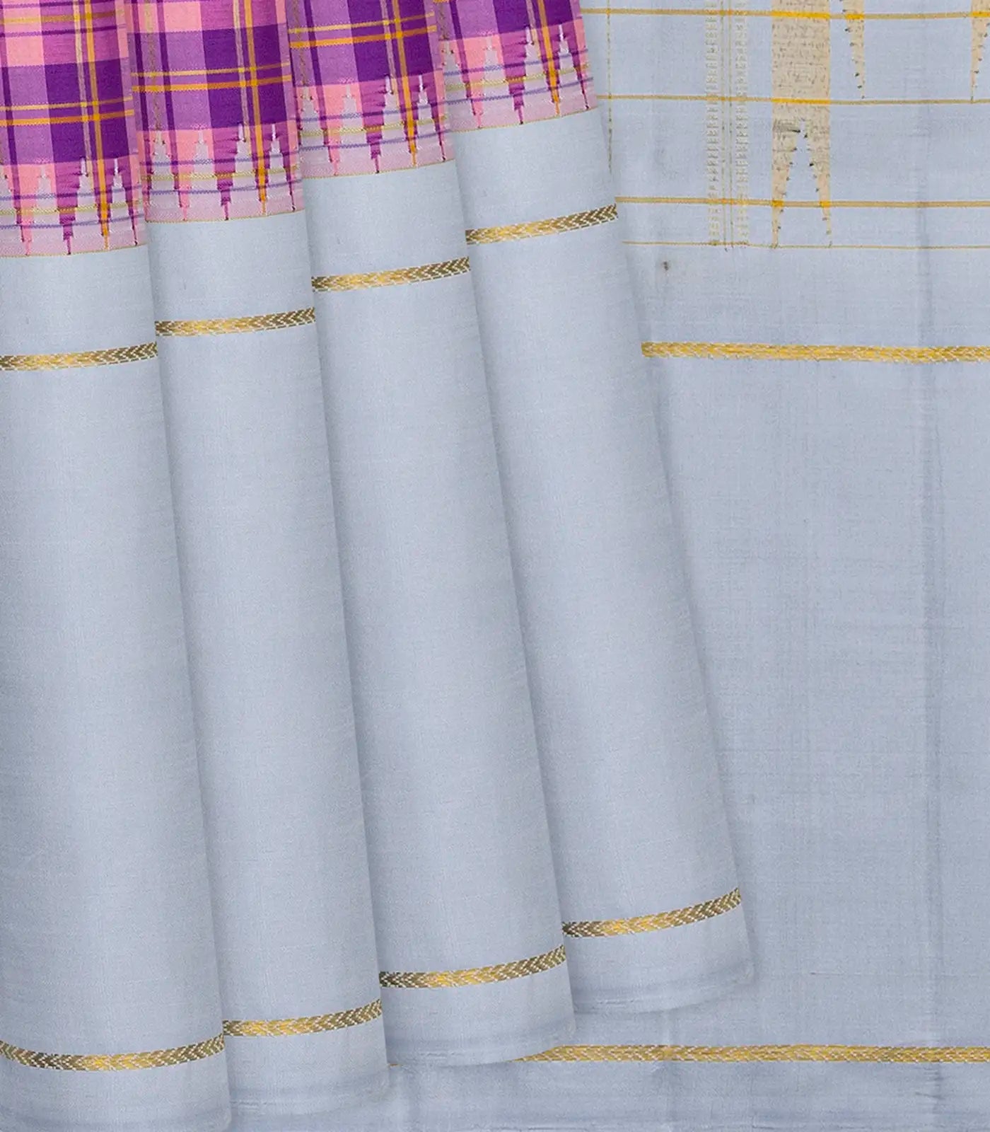Pink & Purple Handloom Kanchipuram Korvai Silk Saree With Checks-Pink