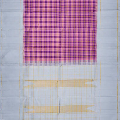 Pink & Purple Handloom Kanchipuram Korvai Silk Saree With Checks-Pink