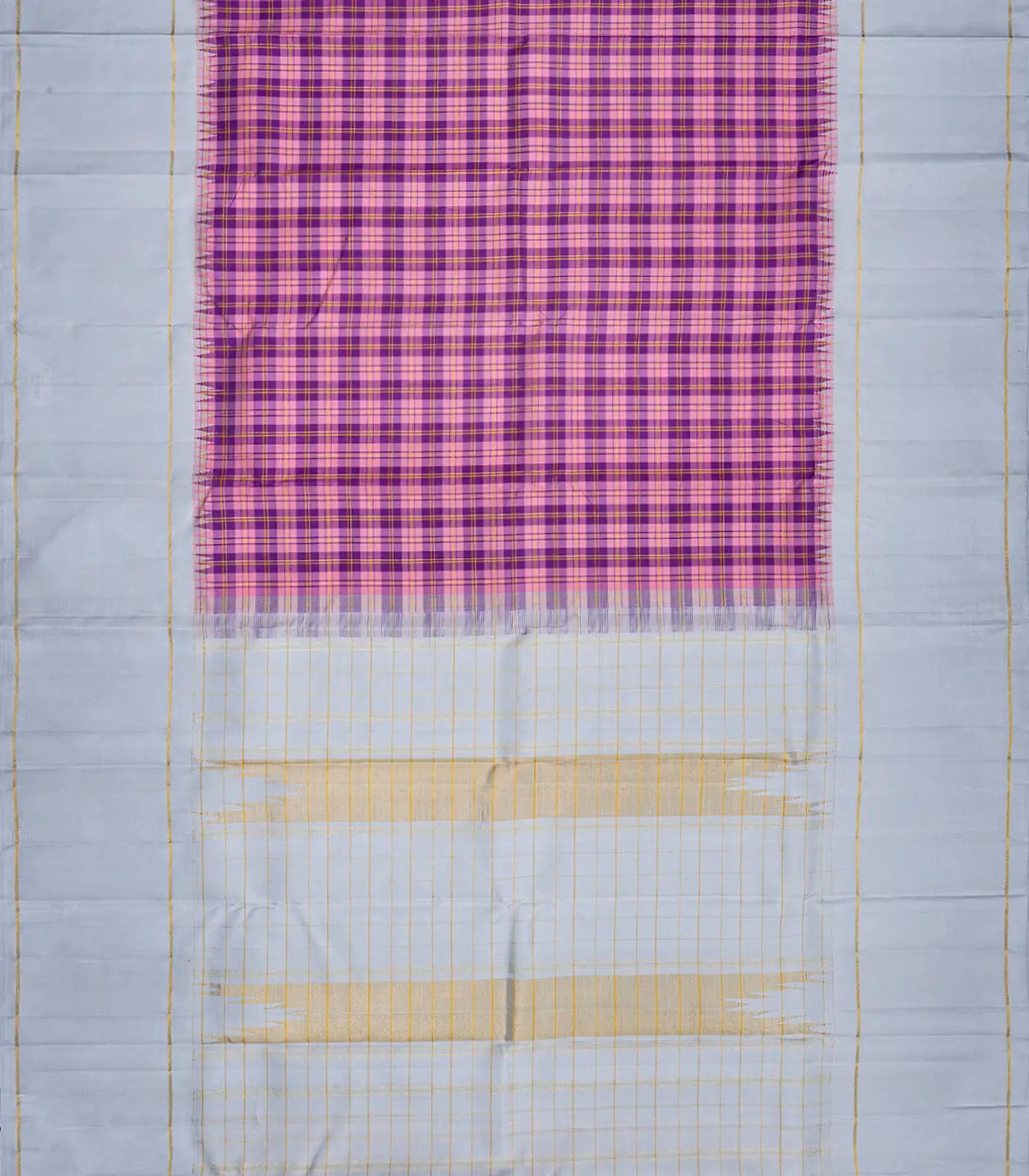 Pink & Purple Handloom Kanchipuram Korvai Silk Saree With Checks-Pink