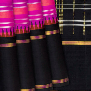 Hot Pink Handloom Kanchipuram Korvai Silk Saree With Stripes-Hot Pink