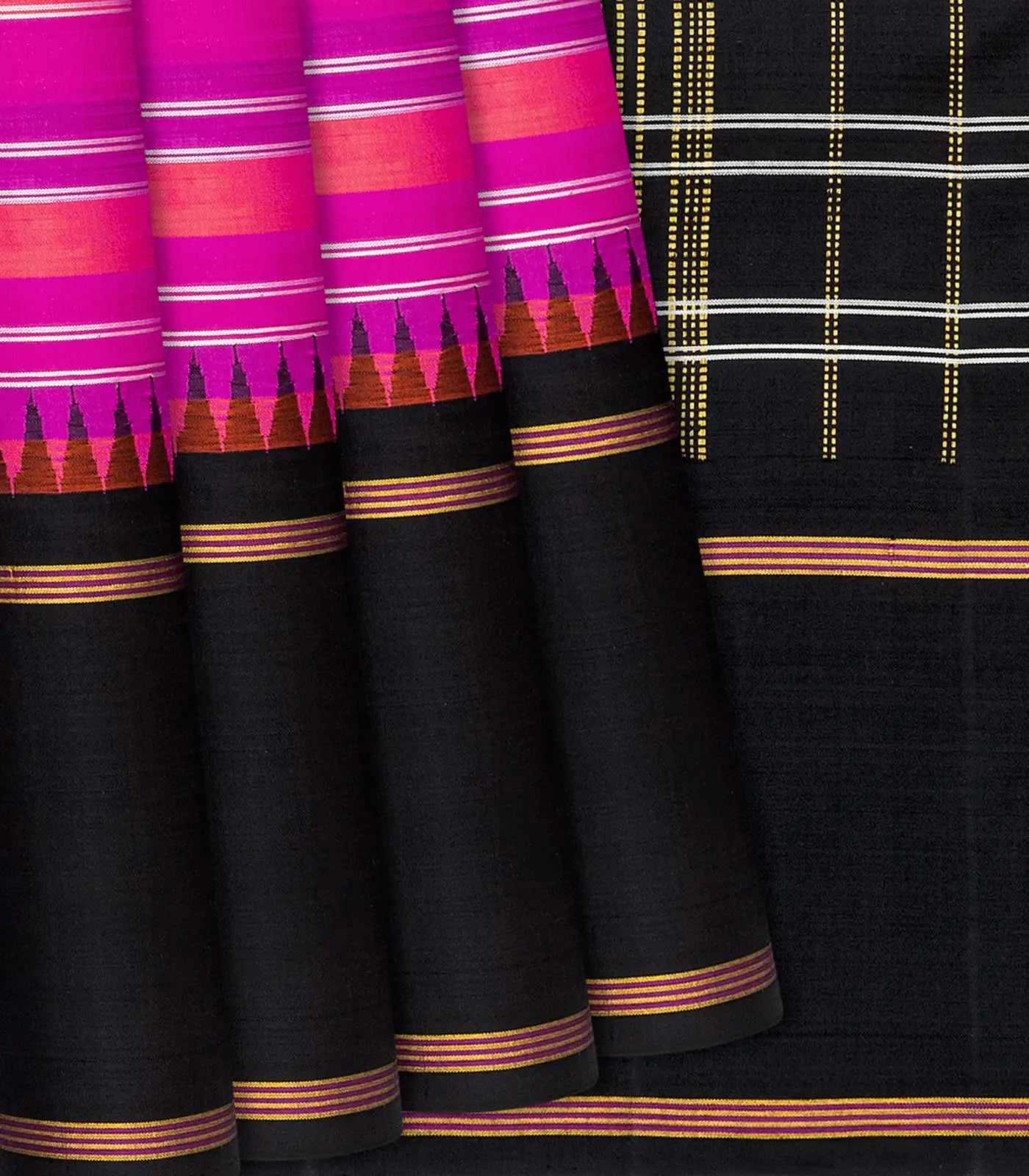 Hot Pink Handloom Kanchipuram Korvai Silk Saree With Stripes-Hot Pink