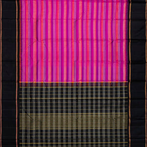 Hot Pink Handloom Kanchipuram Korvai Silk Saree With Stripes-Hot Pink