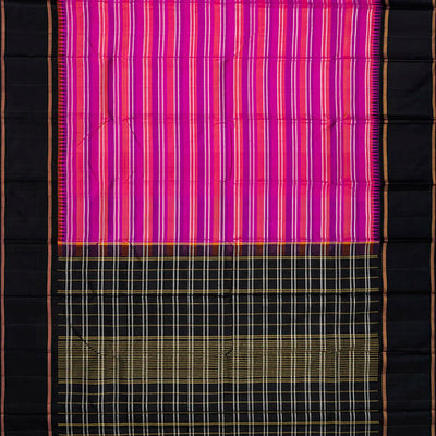 Hot Pink Handloom Kanchipuram Korvai Silk Saree With Stripes-Hot Pink