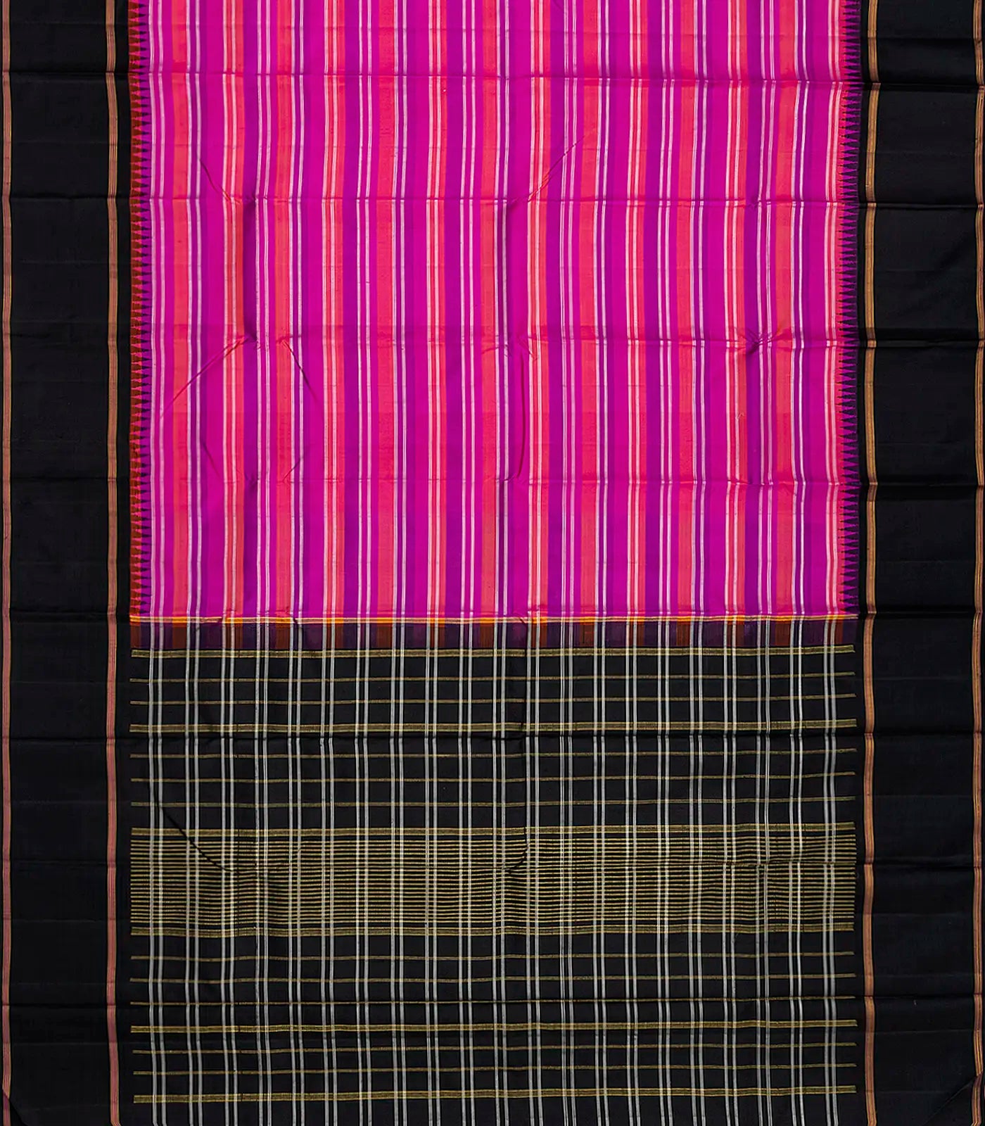 Hot Pink Handloom Kanchipuram Korvai Silk Saree With Stripes-Hot Pink
