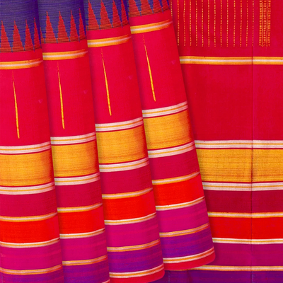 Violet Handloom Kanchipuram Korvai Silk Saree With Red Border-Violet