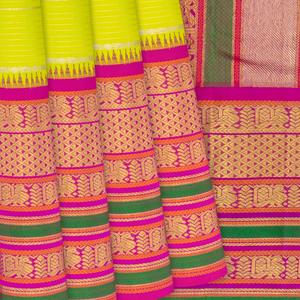 Neon Green Handloom Kanchipuram Korvai Silk Saree With Stripes-Neon Green