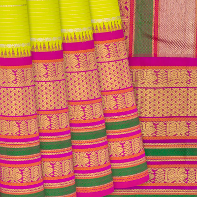 Neon Green Handloom Kanchipuram Korvai Silk Saree With Stripes-Neon Green