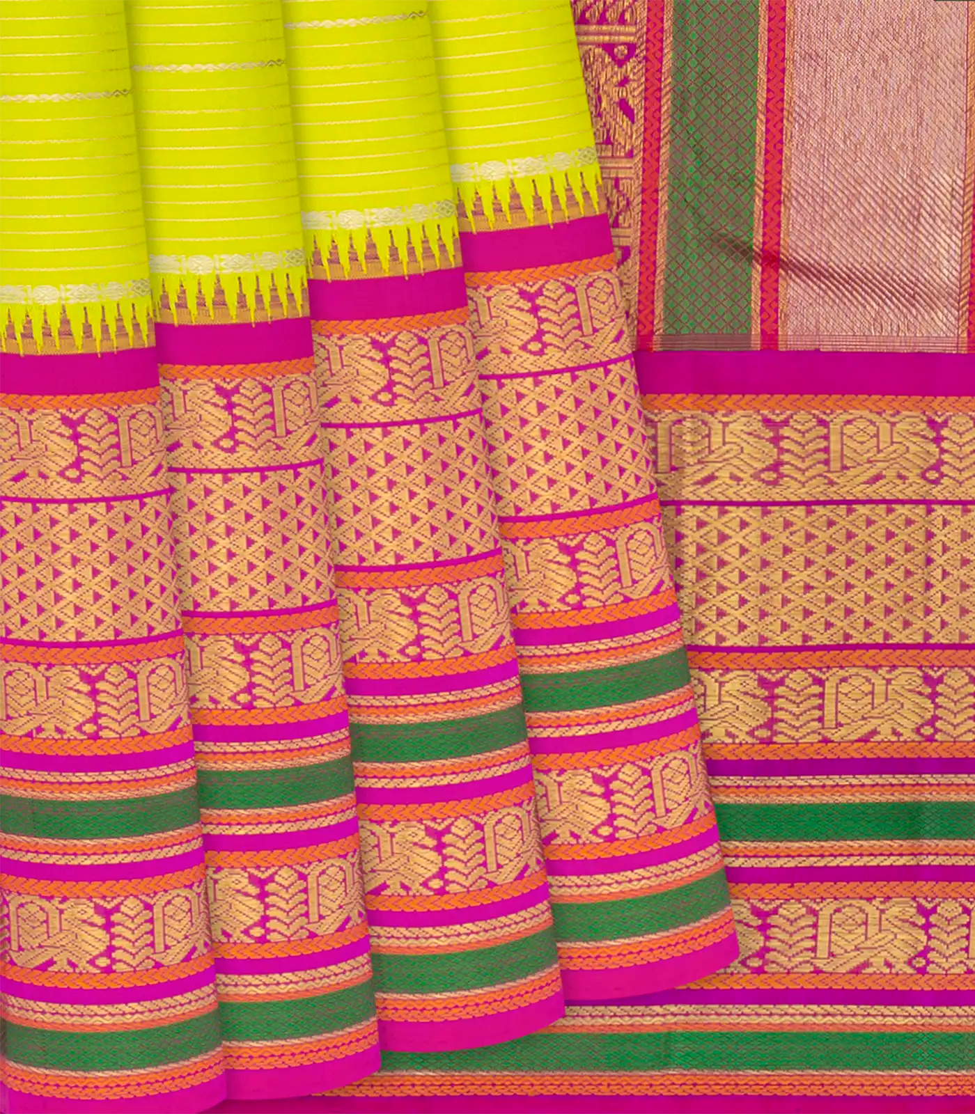 Neon Green Handloom Kanchipuram Korvai Silk Saree With Stripes-Neon Green