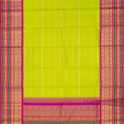 Neon Green Handloom Kanchipuram Korvai Silk Saree With Stripes-Neon Green