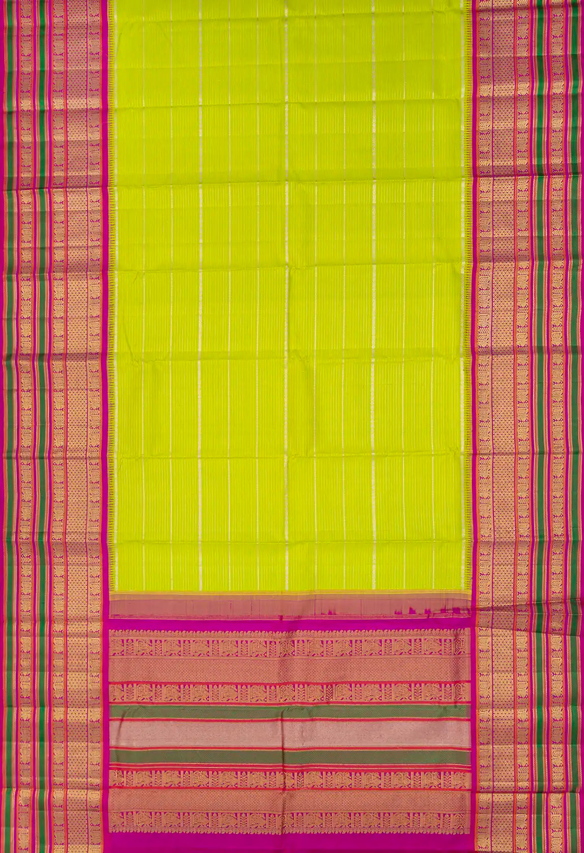 Neon Green Handloom Kanchipuram Korvai Silk Saree With Stripes-Neon Green