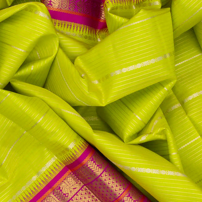Neon Green Handloom Kanchipuram Korvai Silk Saree With Stripes-Neon Green