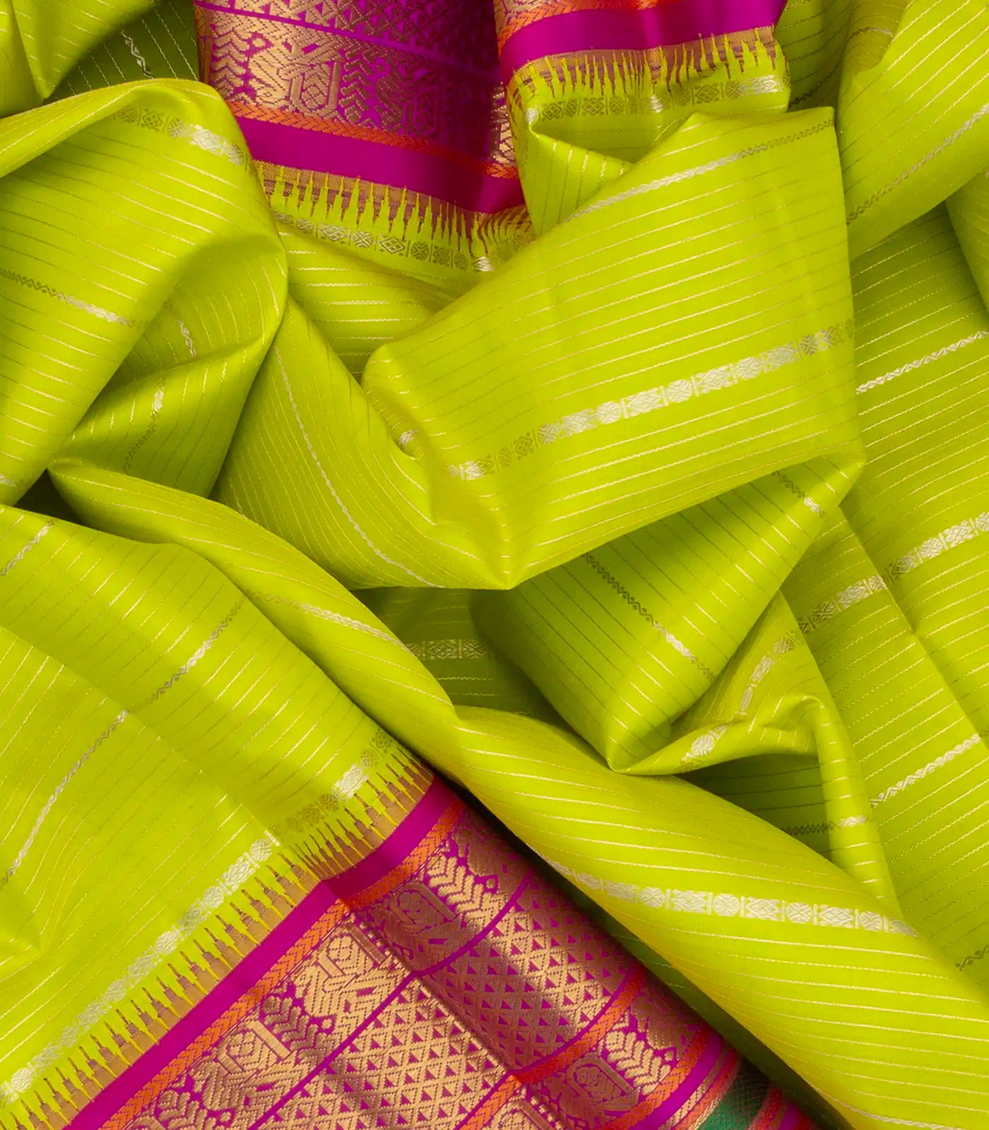 Neon Green Handloom Kanchipuram Korvai Silk Saree With Stripes-Neon Green